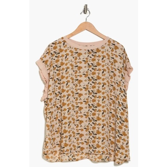 Tahari‎ Woman Blouse Plus 3X Maize Leaf Floral Ruffle Sleeve Top Office Feminine - Picture 1 of 6